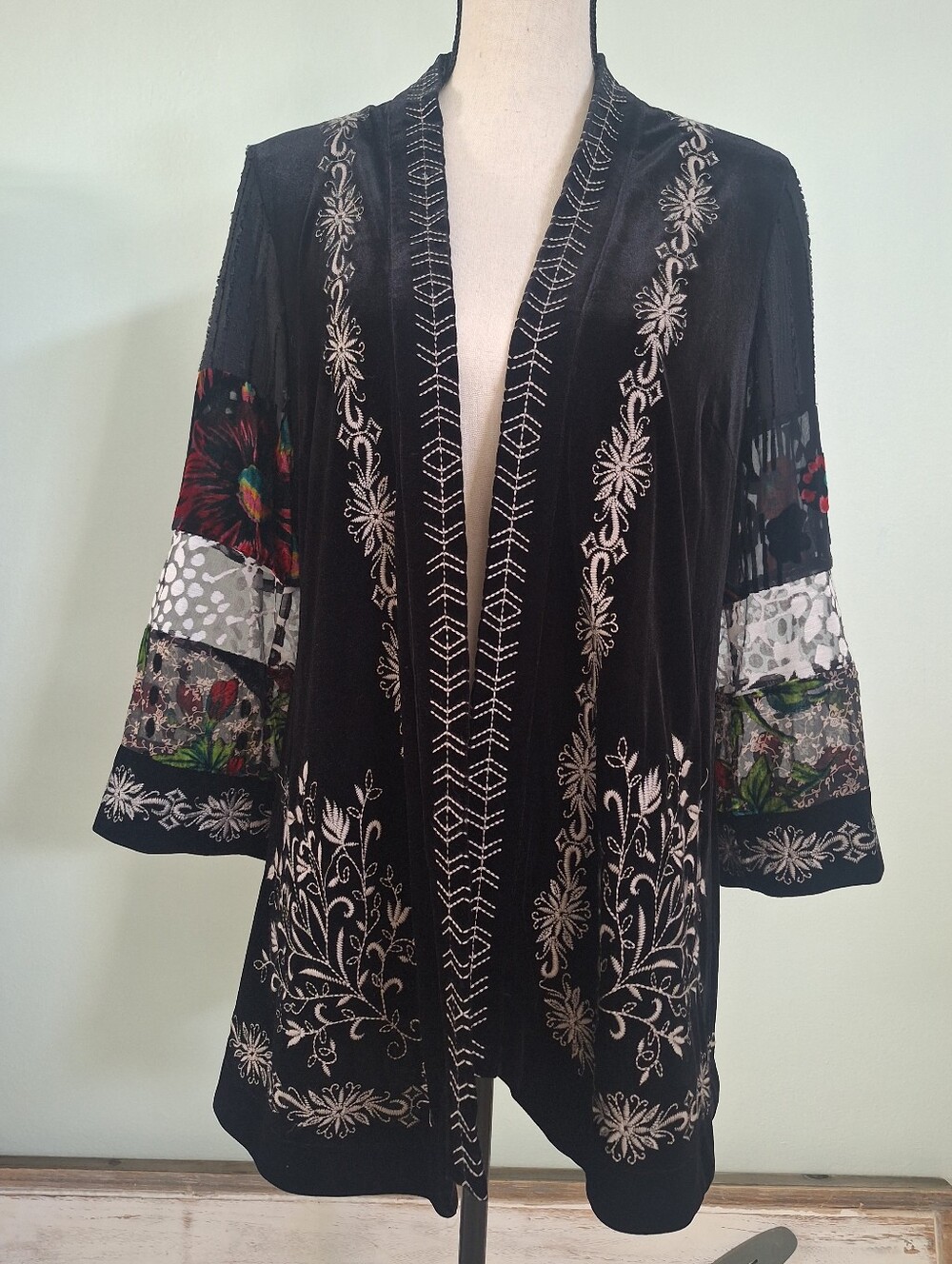 John Mark Embroidered Black Velvet Open Front Jacket with Floral Sleeve Panels S
